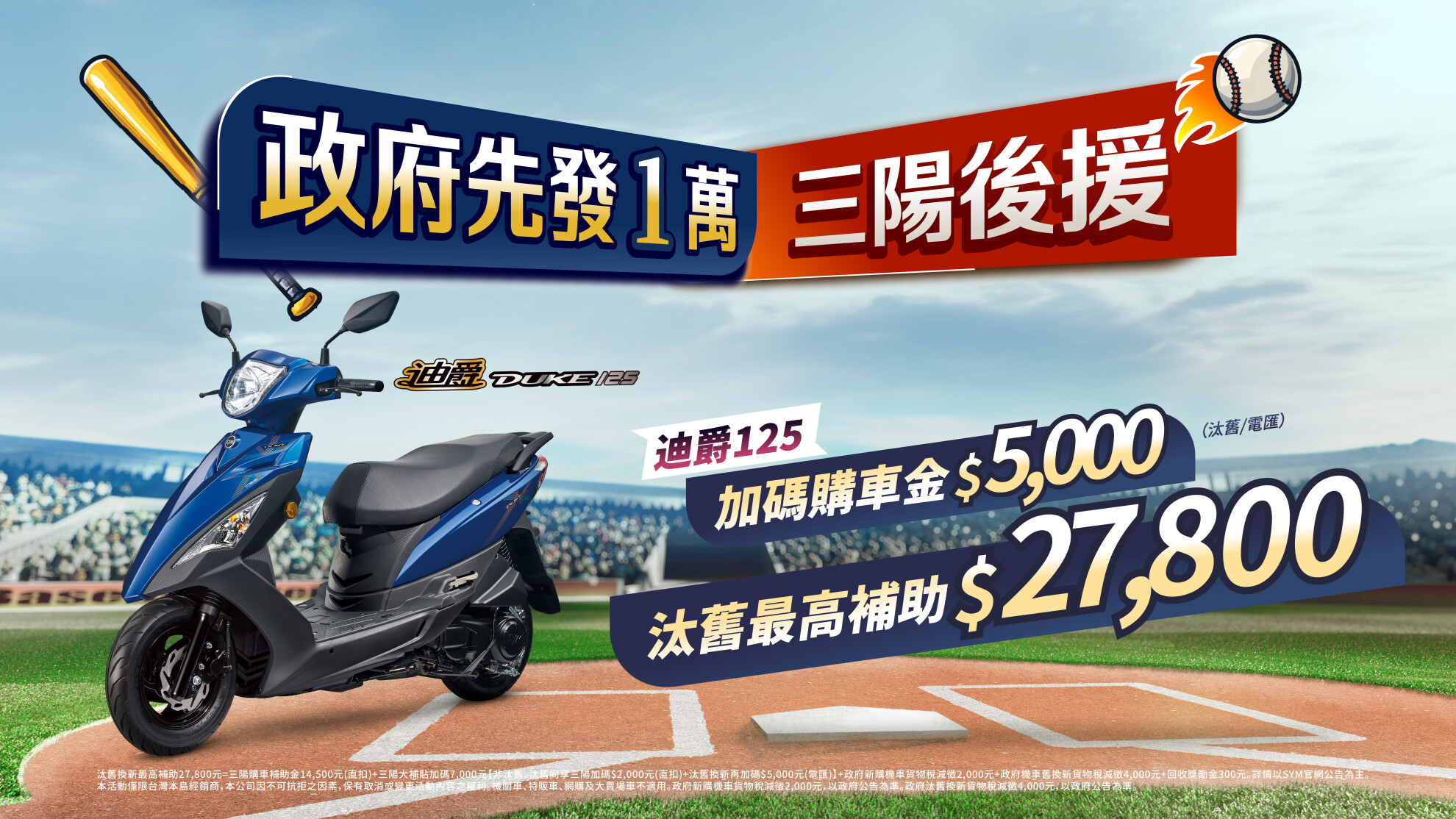 政府先發1萬，三陽後援加碼，再享貨物稅優惠，政府普發現金，全新迪爵再加碼12,000元購車金，迪爵汰舊最高補助27,800元